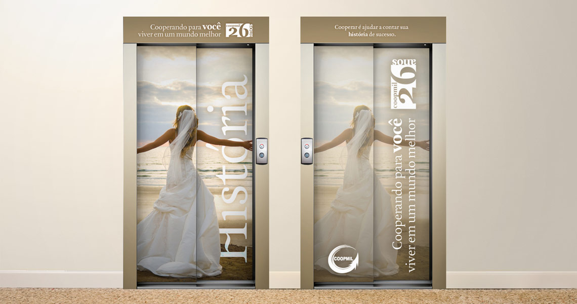 Adesivos para elevadores da campanha Coopmil 26 anos